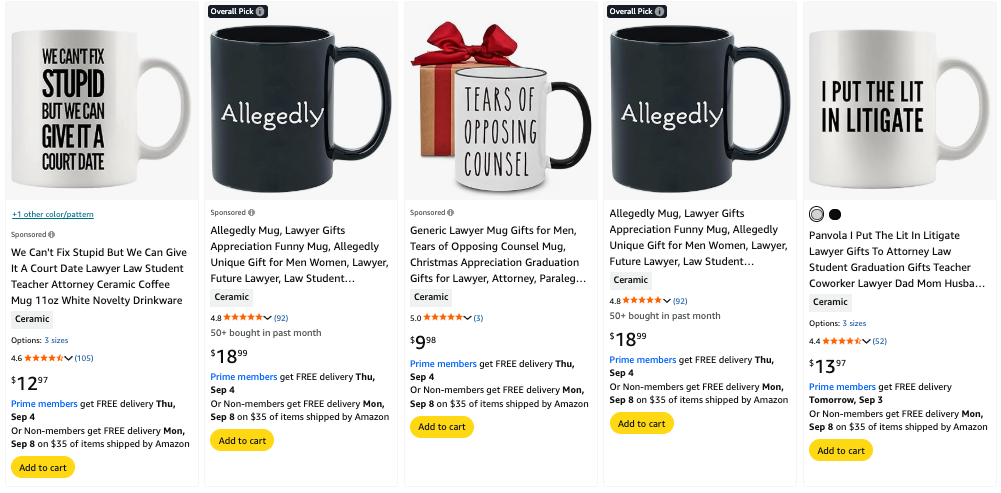 Print-on-demand mugs sold on Amazon showing various court reporter designs with pricing