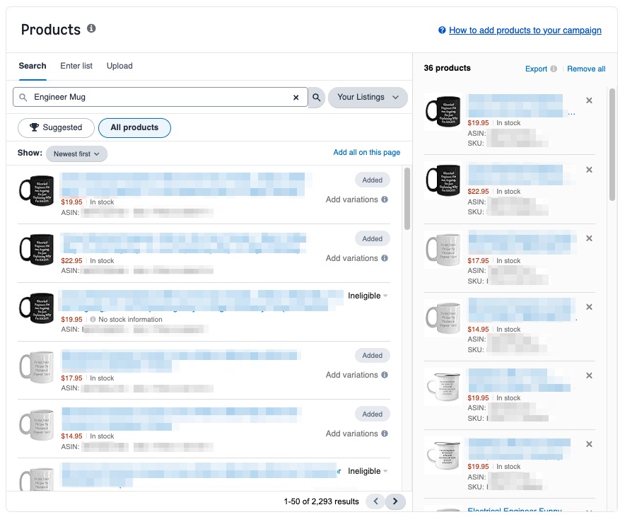 Amazon campaign product selection interface showing Engineer Mug search results with multiple mug products, prices, and Add variations buttons