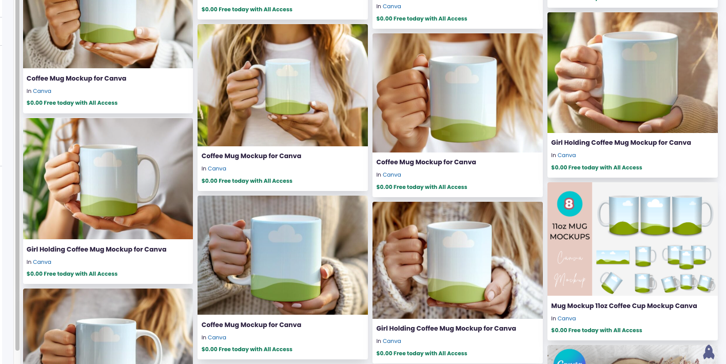 CreativeFabrica website showing various coffee mug mockups with professional photography