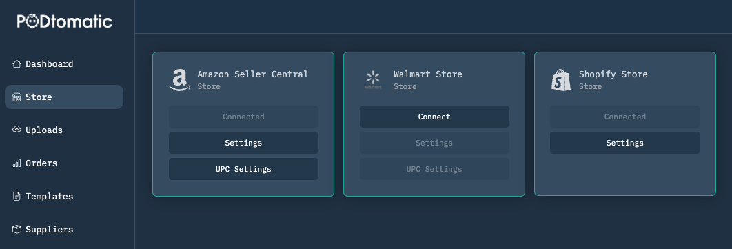 PODtomatic store connection interface showing Amazon Seller Central, Walmart Store, and Shopify Store connection options