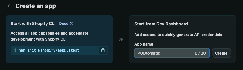 Dev Dashboard showing the Create app button