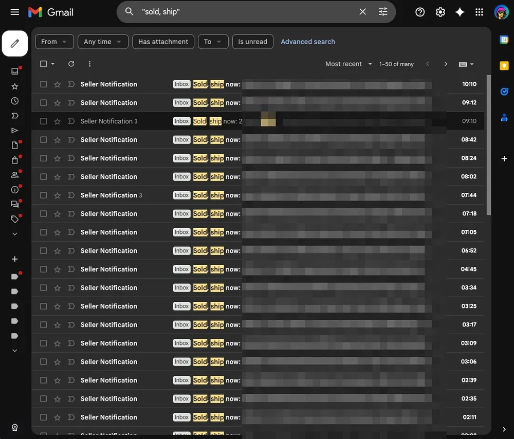 An inbox full of Amazon Seller notifications that say Sold, ship now