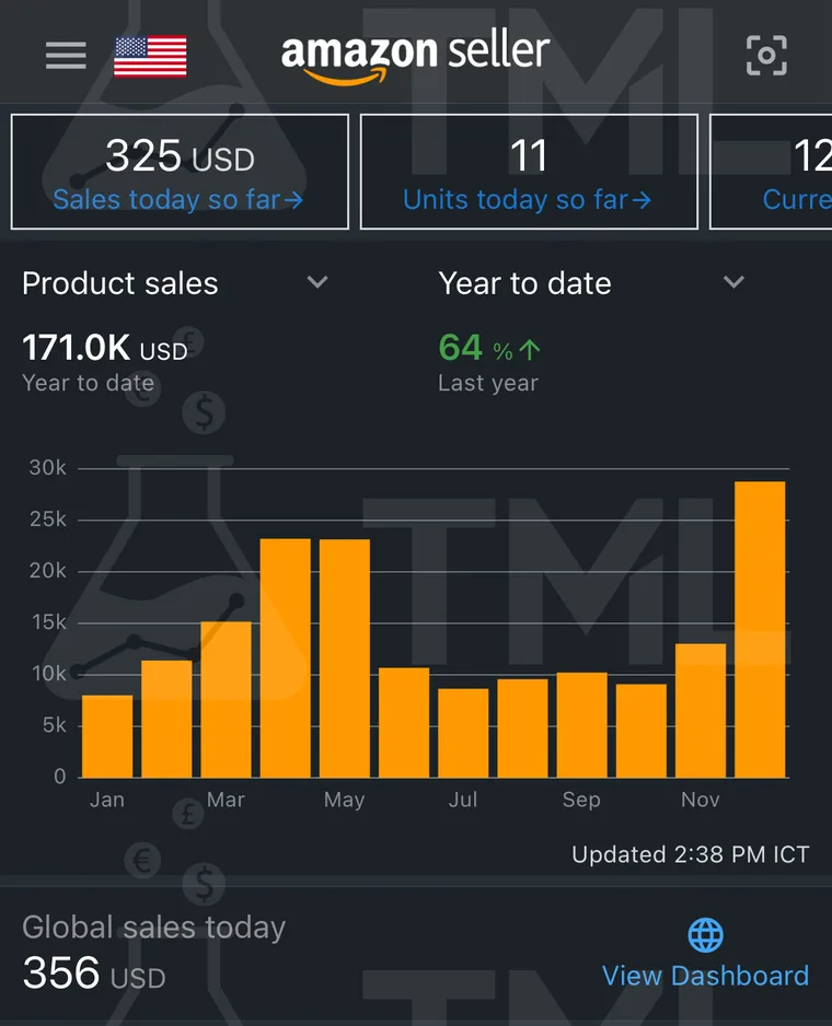 Amazon Seller dashboard showing $171,000 in product sales for the year, up 64 percent
