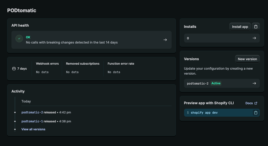 Dev Dashboard showing the Install app button on the app Home page