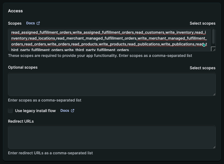 Dev Dashboard showing the access scopes configuration and Release button
