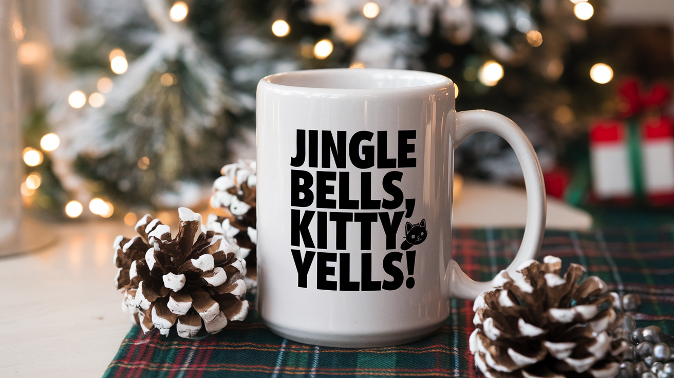 Cat by Day Ninja by Night quote on coffee mug mockup for Amazon POD