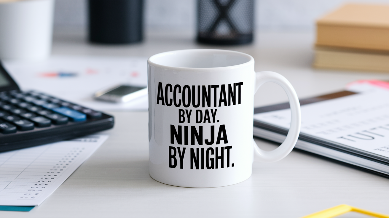 Accountant by Day Ninja by Night quote on coffee mug mockup for Amazon POD
