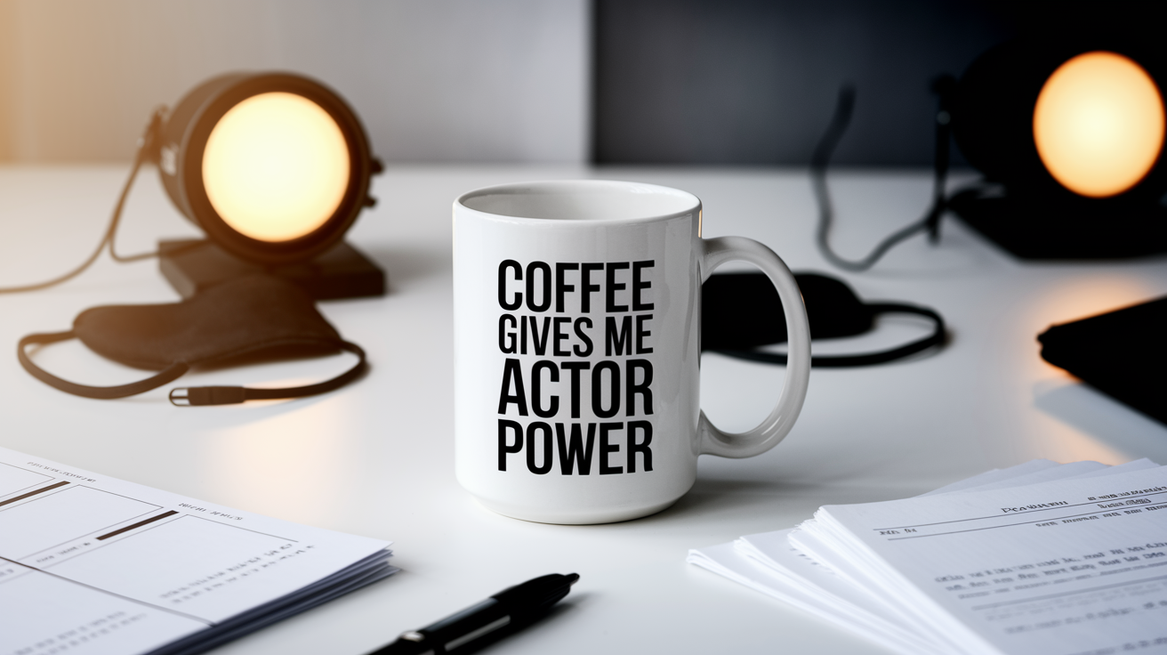 Coffee Gives Me My Actor Power quote on coffee mug mockup for Amazon POD