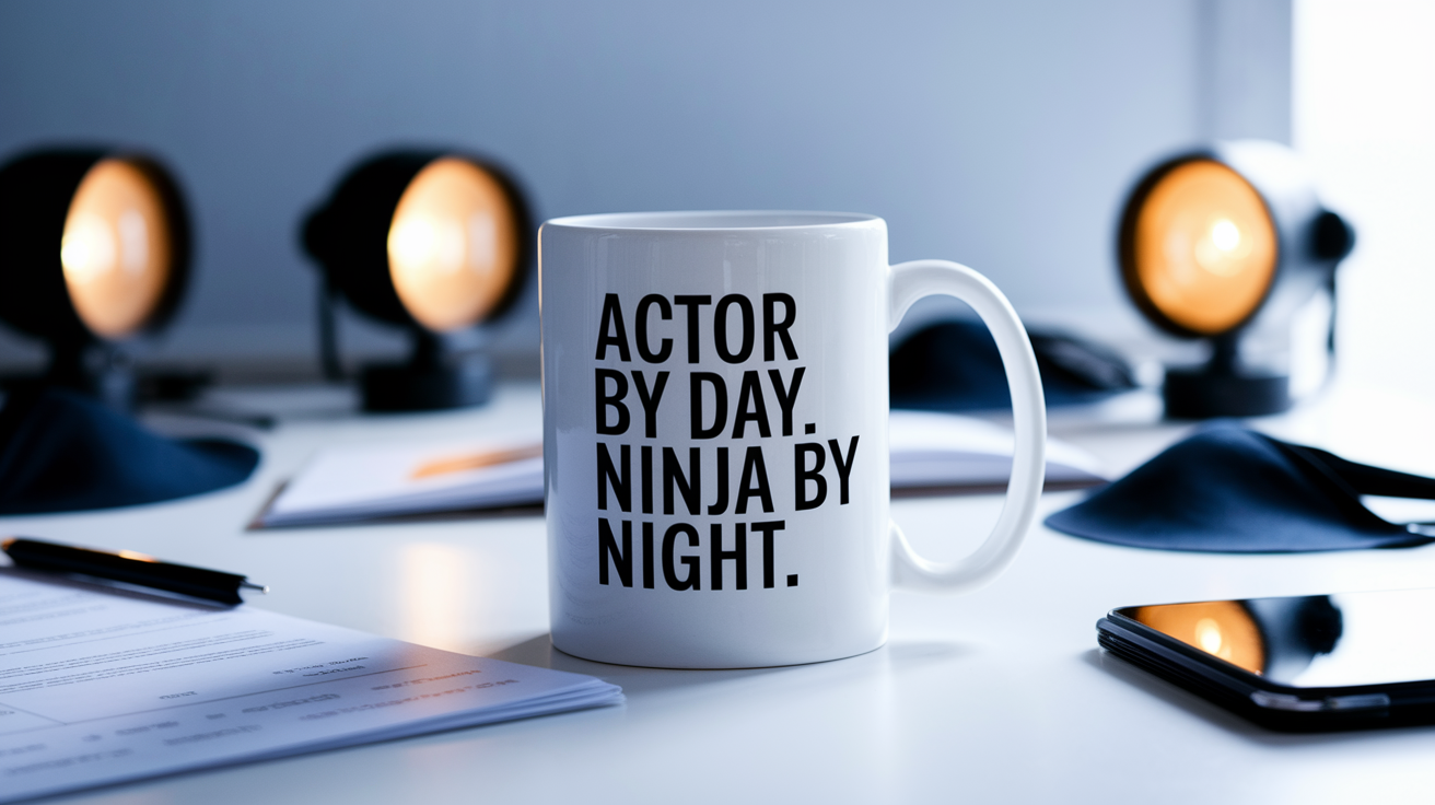 Actor by Day Ninja by Night quote on coffee mug mockup for Amazon POD
