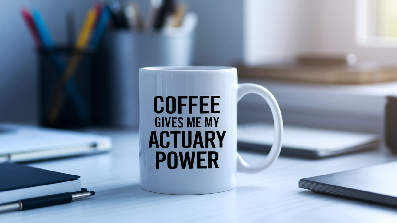 Coffee Gives Me My Actuary Power quote on coffee mug mockup for Amazon POD