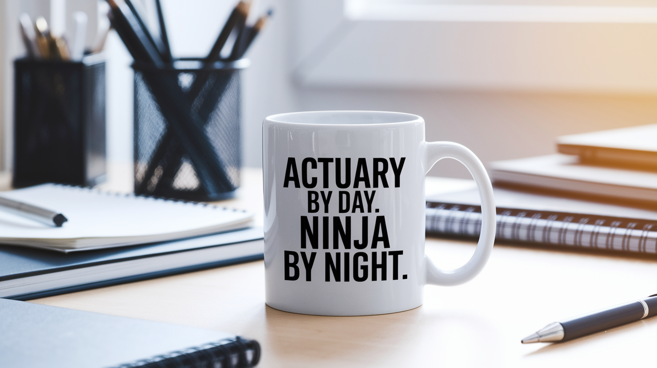 Actuary by Day Ninja by Night quote on coffee mug mockup for Amazon POD