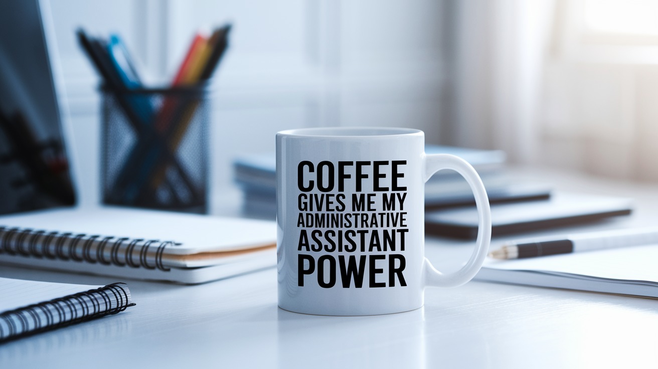 Coffee Gives Me My Administrative Assistant Power quote on coffee mug mockup for Amazon POD