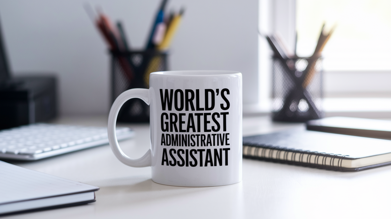 World's Greatest Administrative Assistant quote on coffee mug mockup for Amazon POD