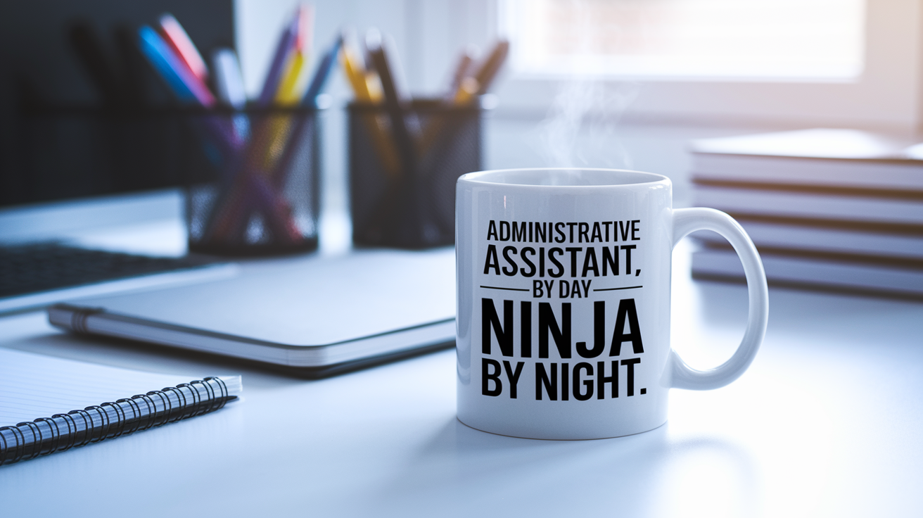 Administrative Assistant by Day Ninja by Night quote on coffee mug mockup for Amazon POD