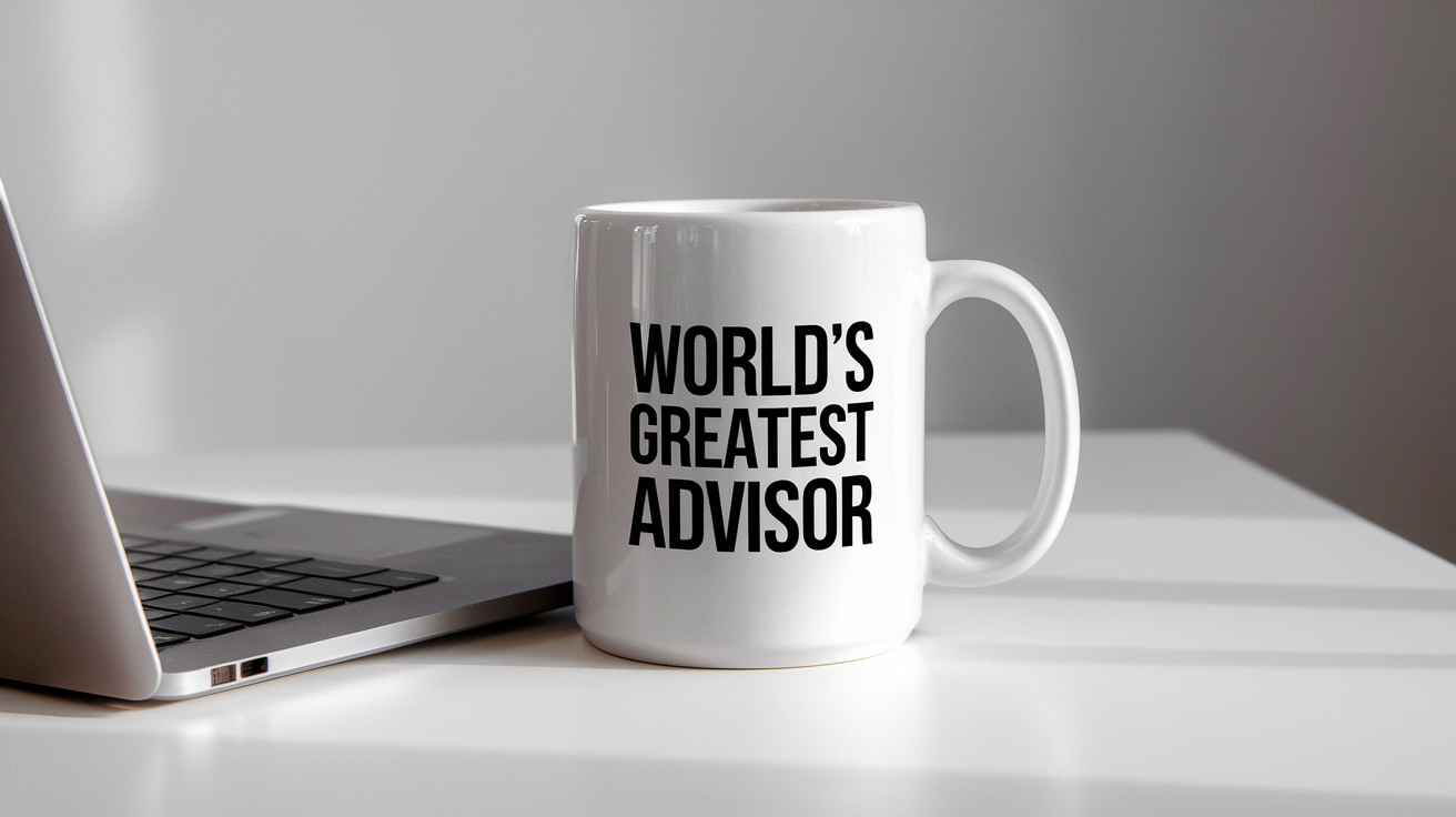 Coffee Gives Me My Advisor Power quote on coffee mug mockup for Amazon POD