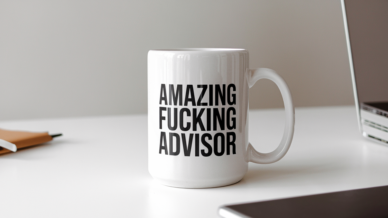 Advisor by Day Ninja by Night quote on coffee mug mockup for Amazon POD