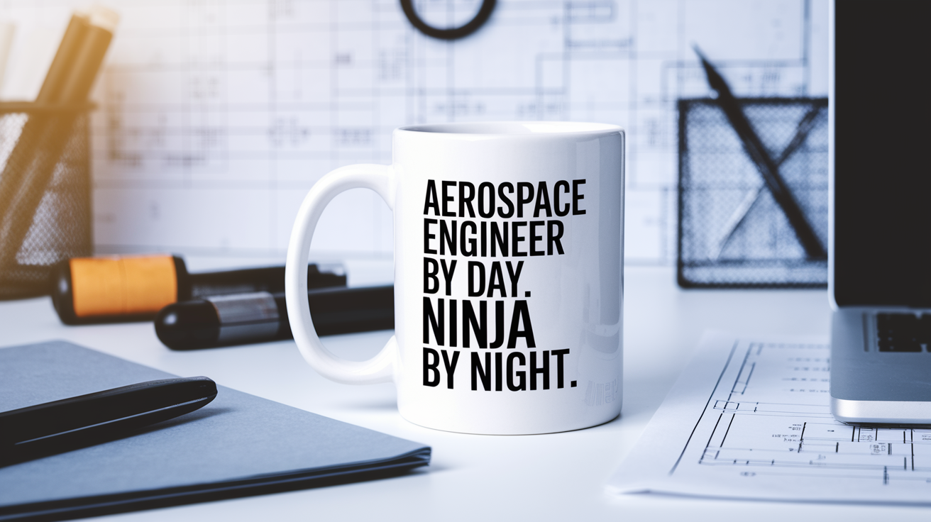 Aerospace Engineer by Day Ninja by Night quote on coffee mug mockup for Amazon POD