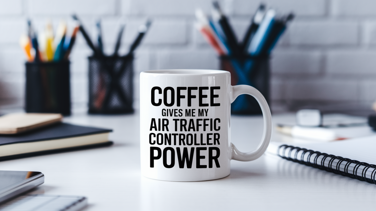 Coffee Gives Me My Air Traffic Controller Power quote on coffee mug mockup for Amazon POD