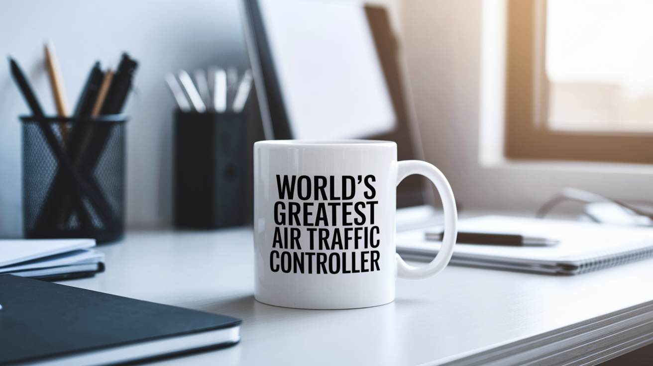 World's Greatest Air Traffic Controller quote on coffee mug mockup for Amazon POD