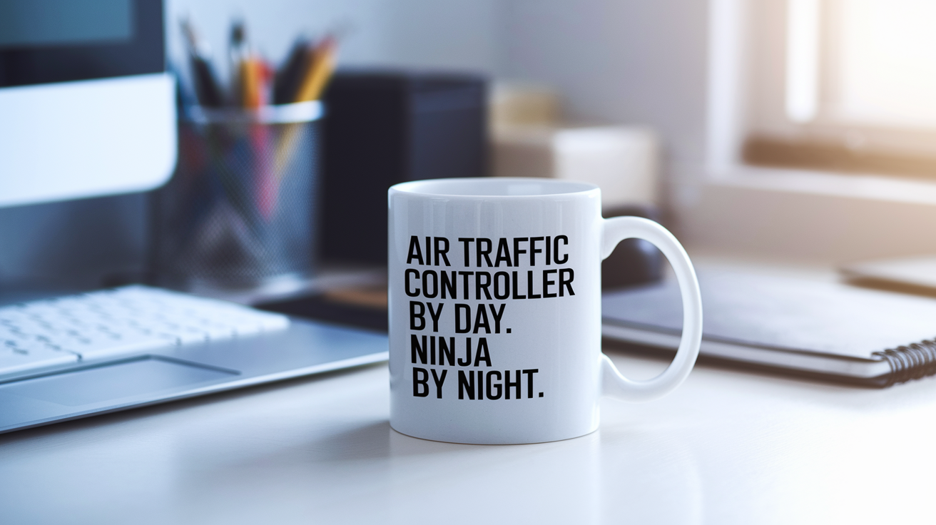 Air Traffic Controller by Day Ninja by Night quote on coffee mug mockup for Amazon POD