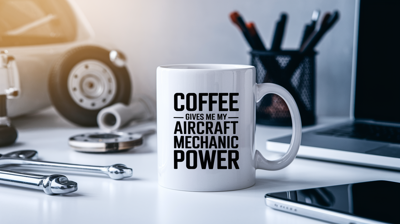 Coffee Gives Me My Aircraft Mechanic Power quote on coffee mug mockup for Amazon POD