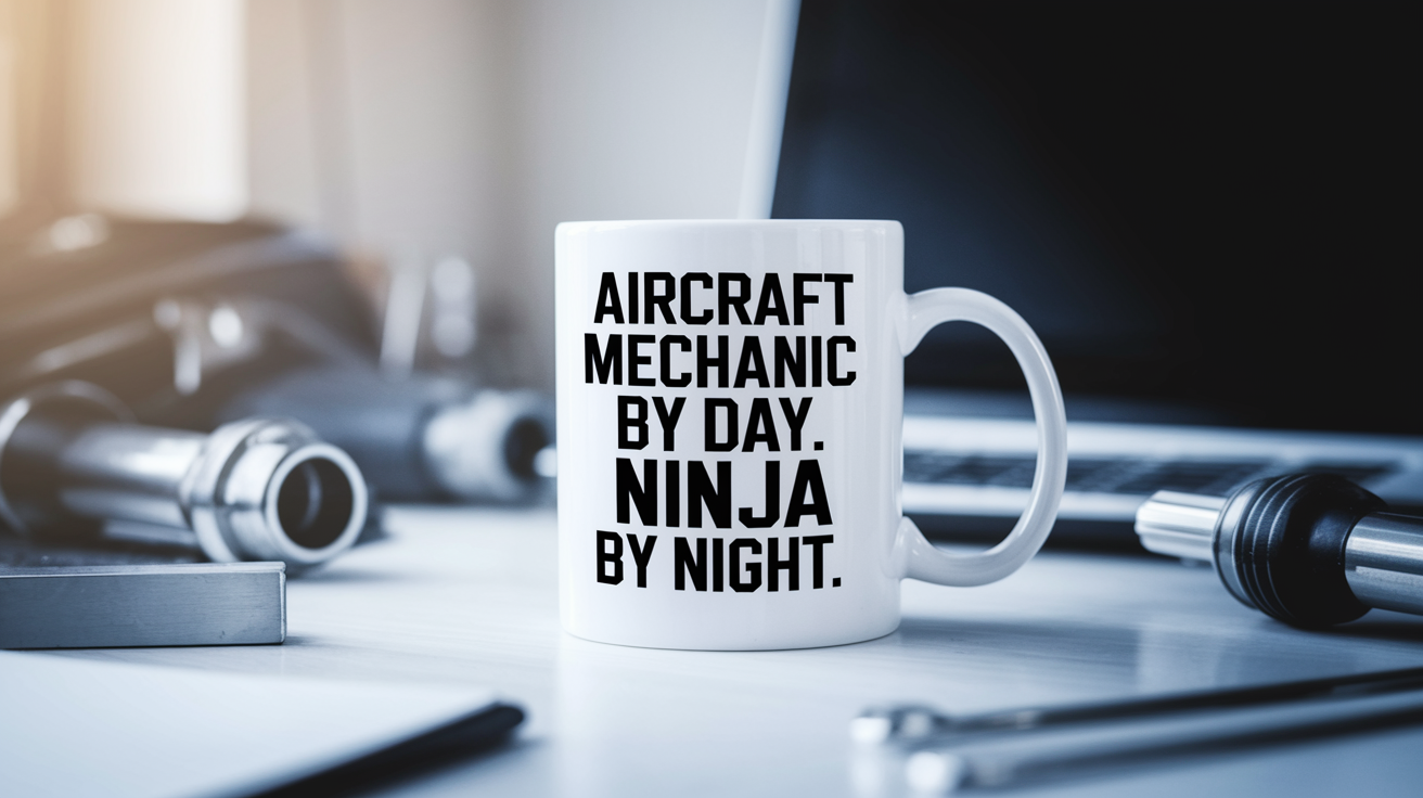 Aircraft Mechanic by Day Ninja by Night quote on coffee mug mockup for Amazon POD