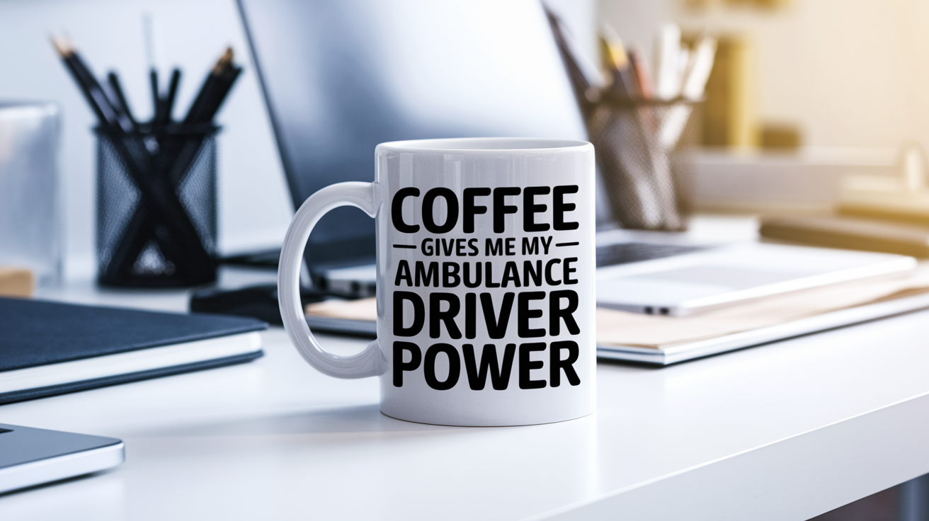 Coffee Gives Me My Ambulance Driver Power quote on coffee mug mockup for Amazon POD