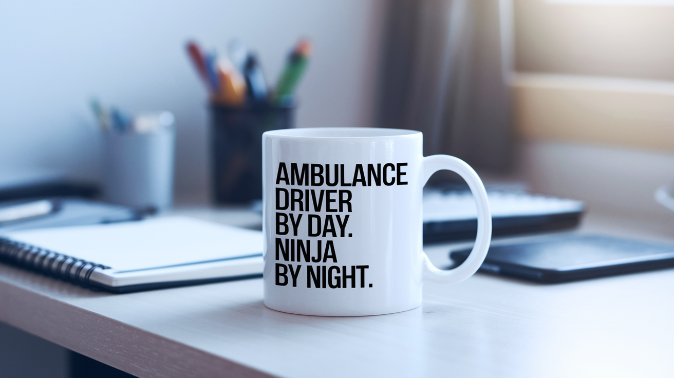 Ambulance Driver by Day Ninja by Night quote on coffee mug mockup for Amazon POD