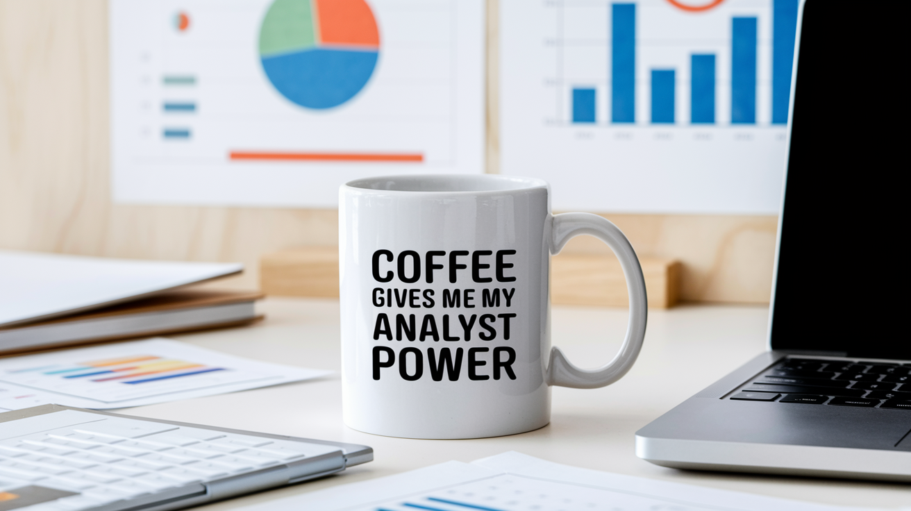 Coffee Gives Me My Analyst Power quote on coffee mug mockup for Amazon POD
