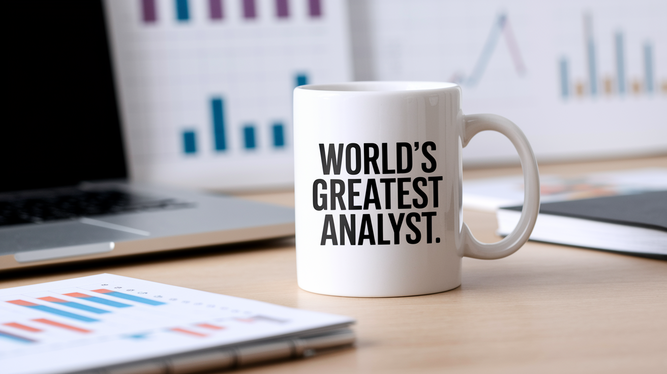 World's Greatest Analyst quote on coffee mug mockup for Amazon POD
