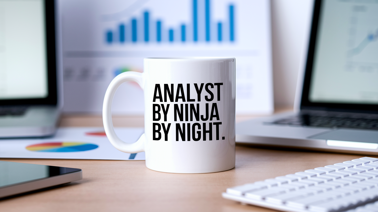 Analyst by Day Ninja by Night quote on coffee mug mockup for Amazon POD