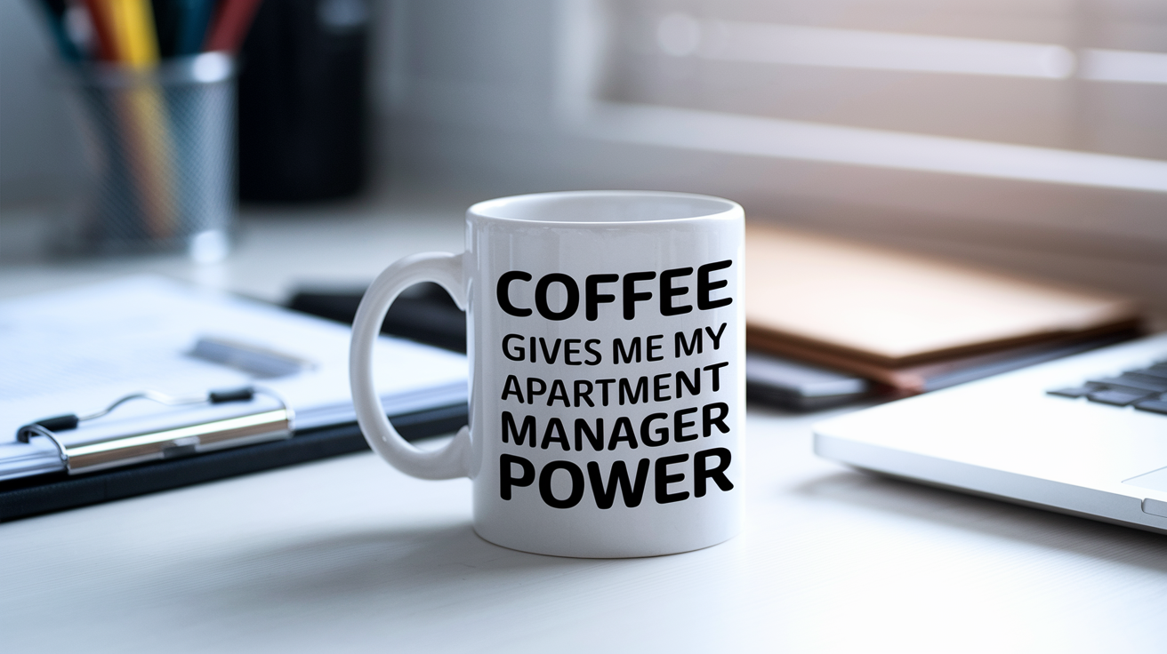 Coffee Gives Me My Apartment Manager Power quote on coffee mug mockup for Amazon POD