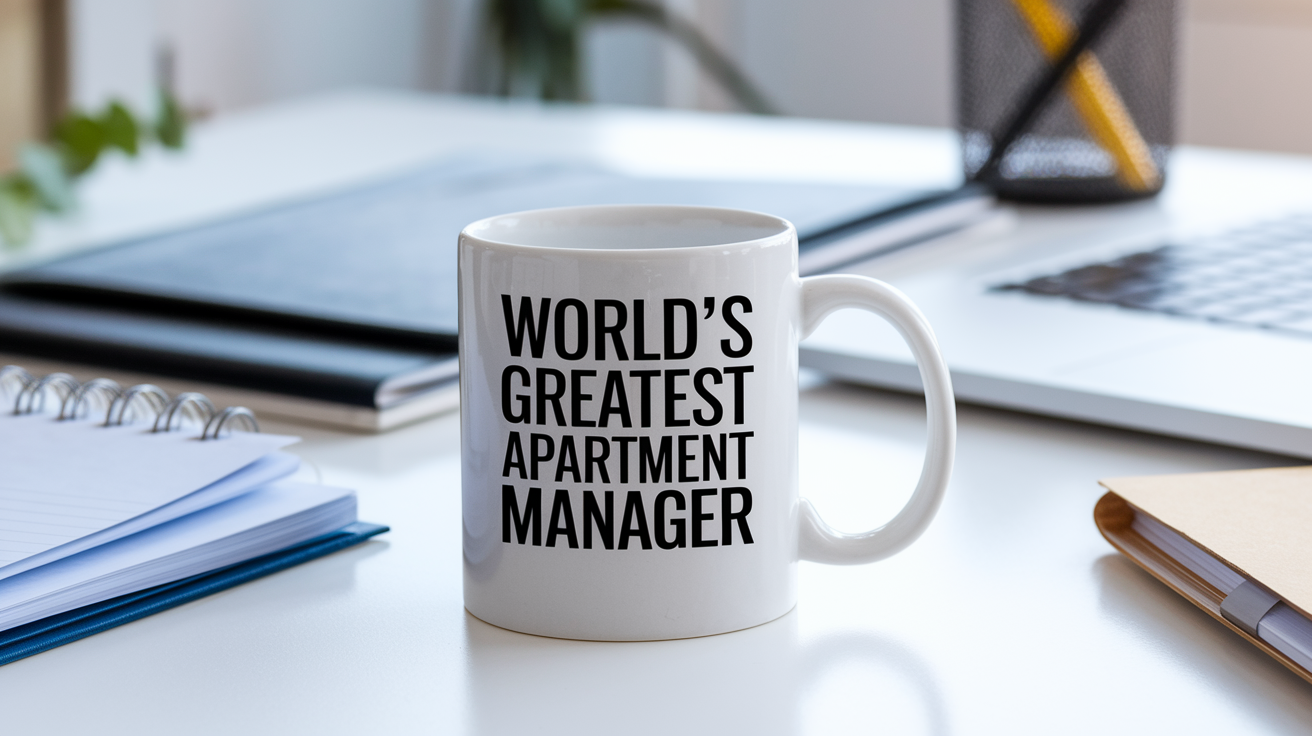 World's Greatest Apartment Manager quote on coffee mug mockup for Amazon POD