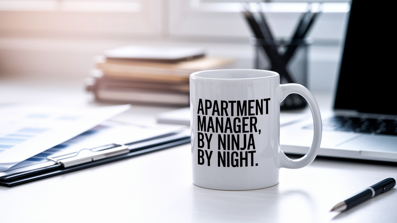 Apartment Manager by Day Ninja by Night quote on coffee mug mockup for Amazon POD