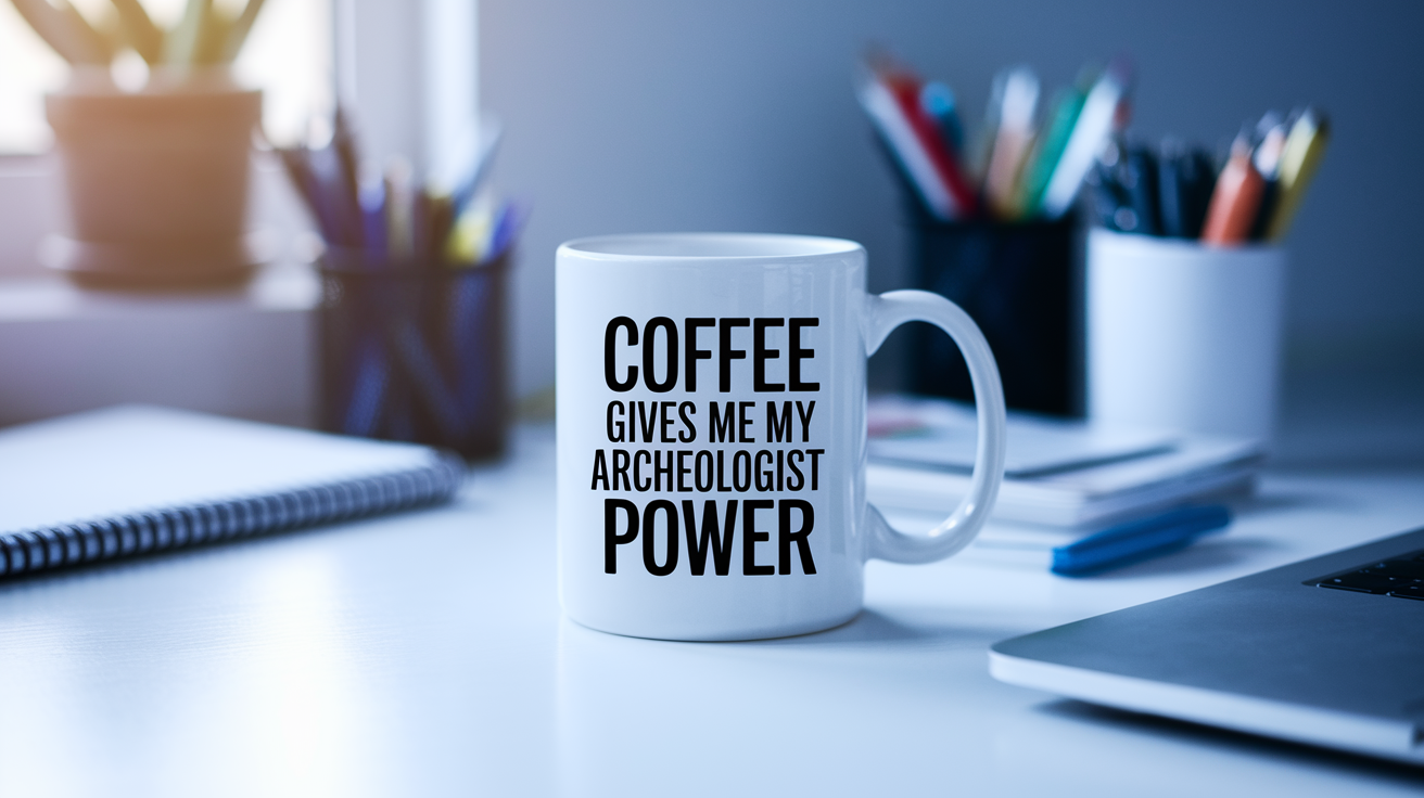 Coffee Gives Me My Archeologist Power quote on coffee mug mockup for Amazon POD