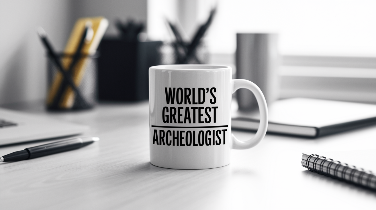 World's Greatest Archeologist quote on coffee mug mockup for Amazon POD