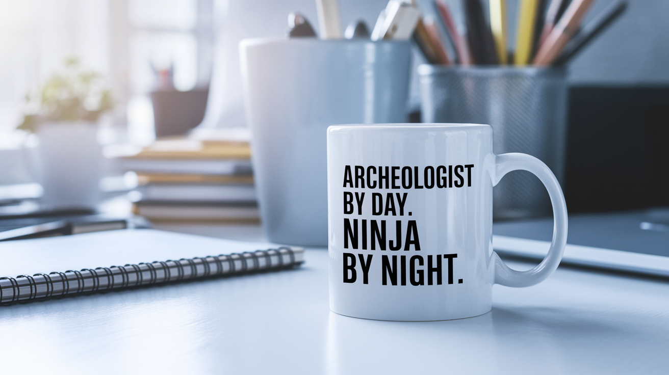 Archeologist by Day Ninja by Night quote on coffee mug mockup for Amazon POD