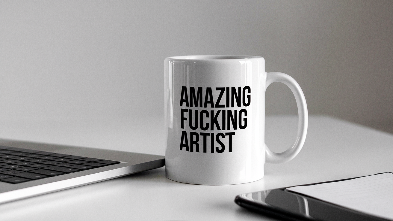 Artist by Day Ninja by Night quote on coffee mug mockup for Amazon POD