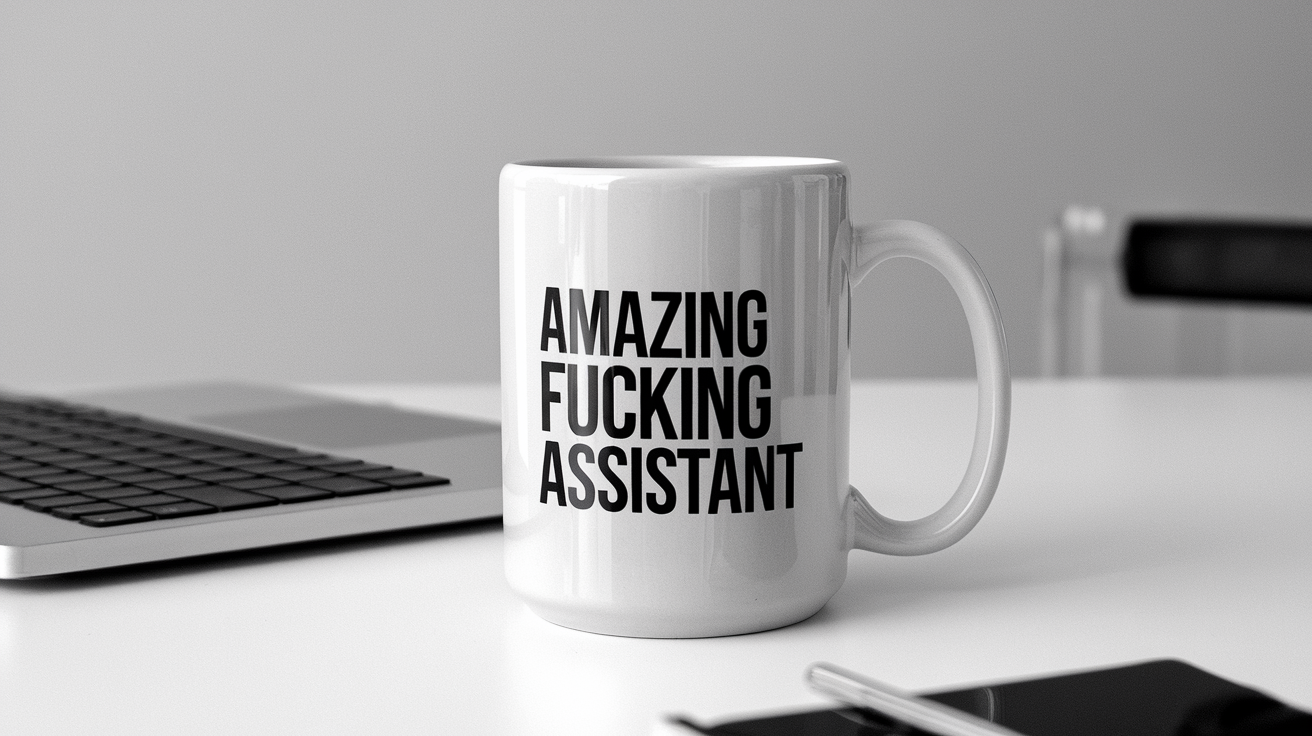 Coffee Gives Me My Assistant Power quote on coffee mug mockup for Amazon POD