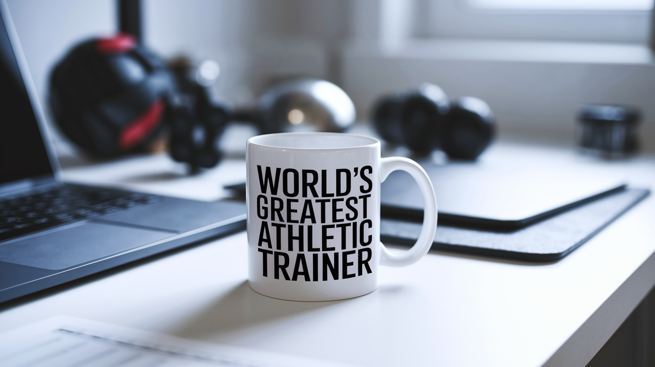 World's Greatest Athletic Trainer quote on coffee mug mockup for Amazon POD