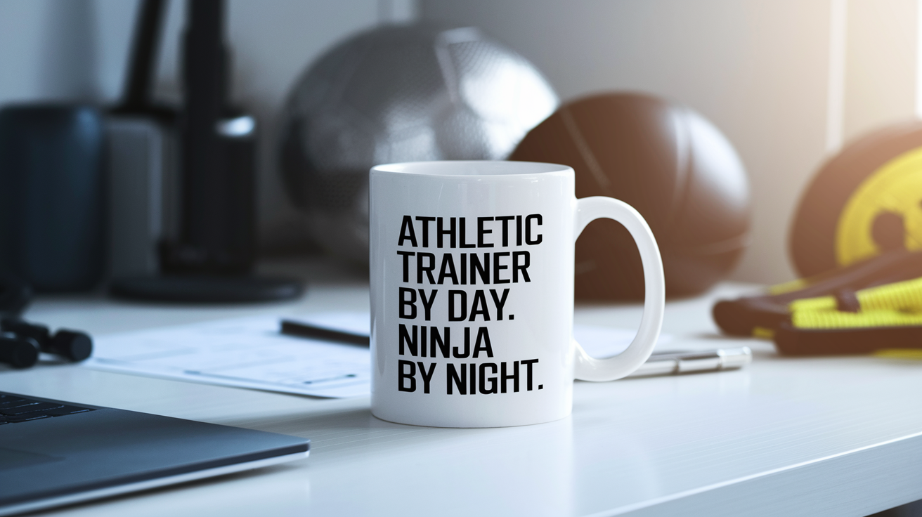Athletic Trainer by Day Ninja by Night quote on coffee mug mockup for Amazon POD