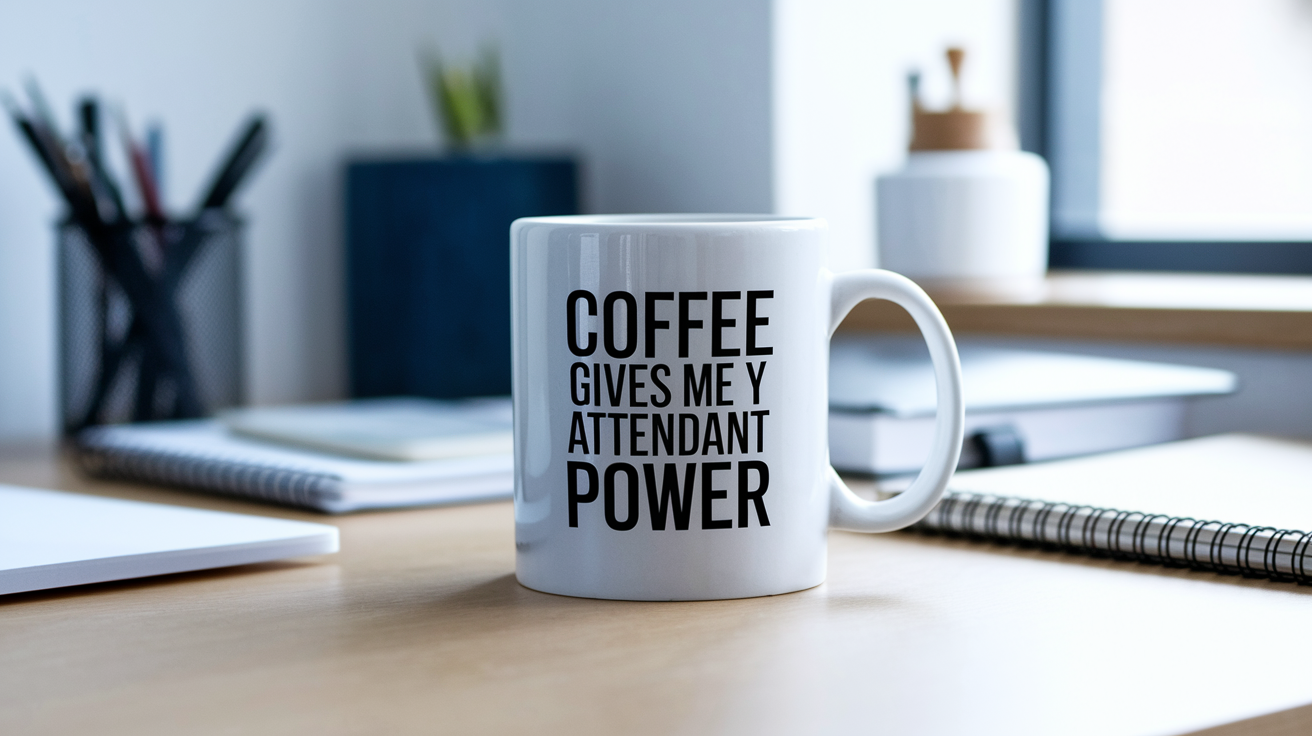 Coffee Gives Me My Attendant Power quote on coffee mug mockup for Amazon POD