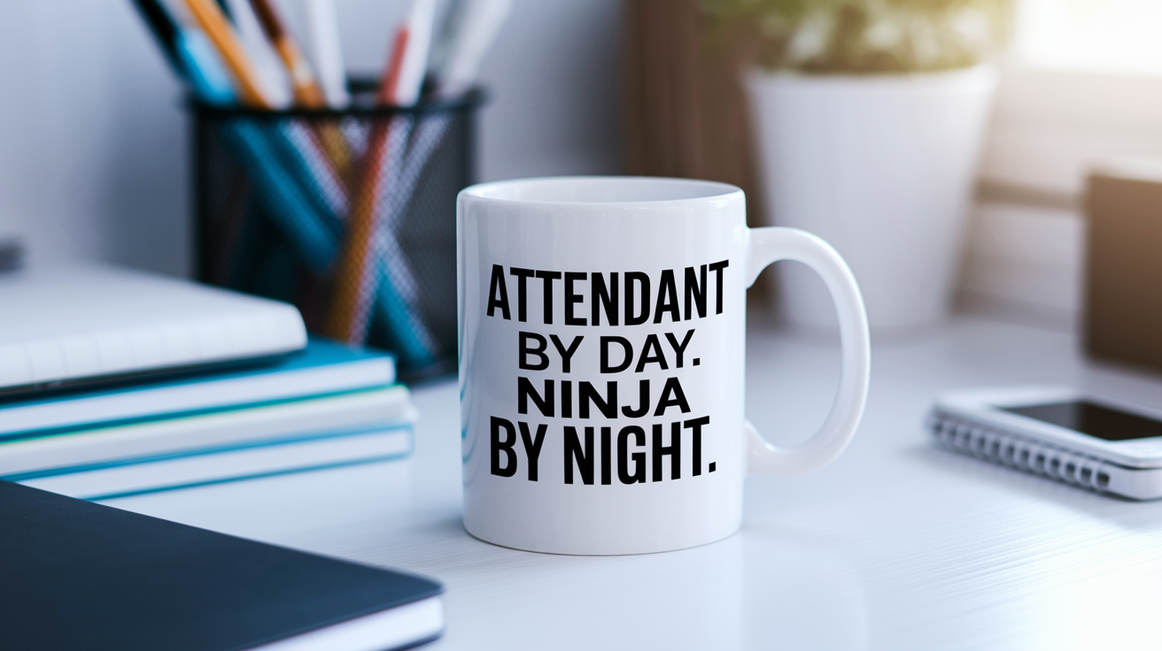 Attendant by Day Ninja by Night quote on coffee mug mockup for Amazon POD