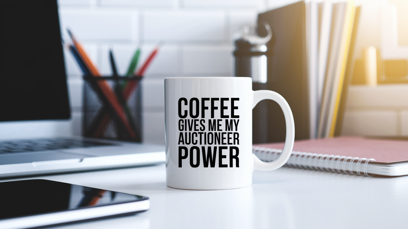 Coffee Gives Me My Auctioneer Power quote on coffee mug mockup for Amazon POD