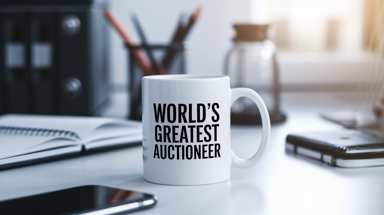 World's Greatest Auctioneer quote on coffee mug mockup for Amazon POD