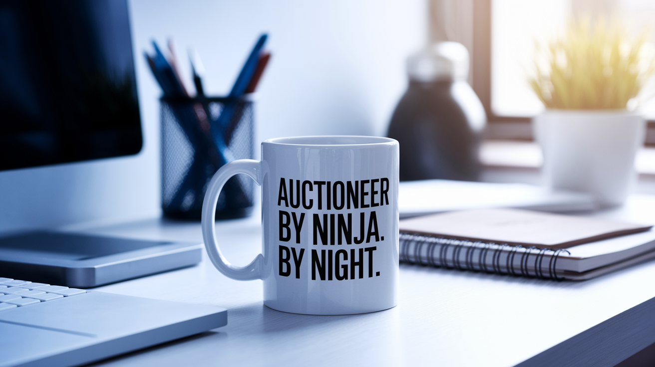 Auctioneer by Day Ninja by Night quote on coffee mug mockup for Amazon POD