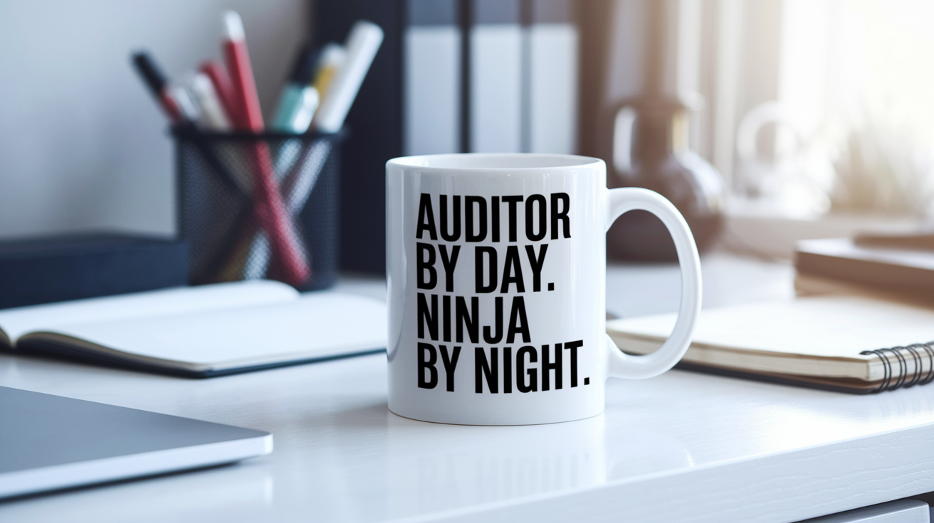 Auditor by Day Ninja by Night quote on coffee mug mockup for Amazon POD