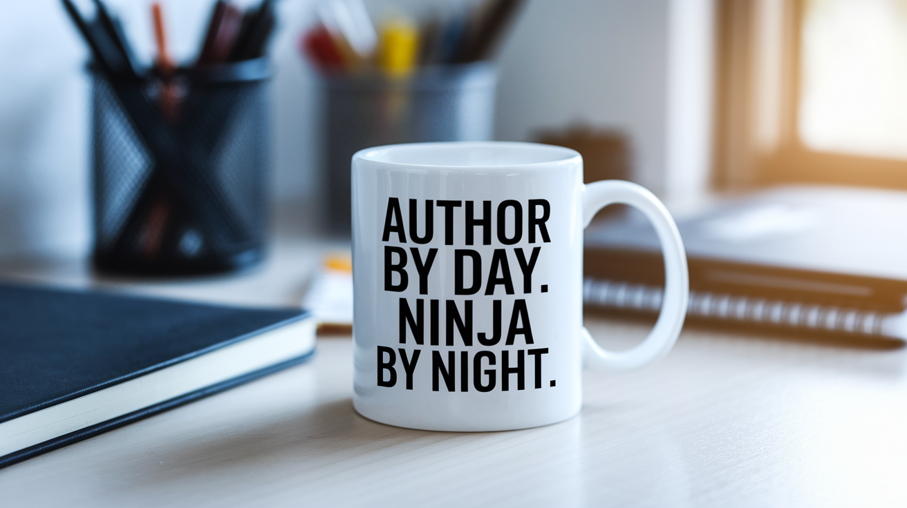 Author by Day Ninja by Night quote on coffee mug mockup for Amazon POD