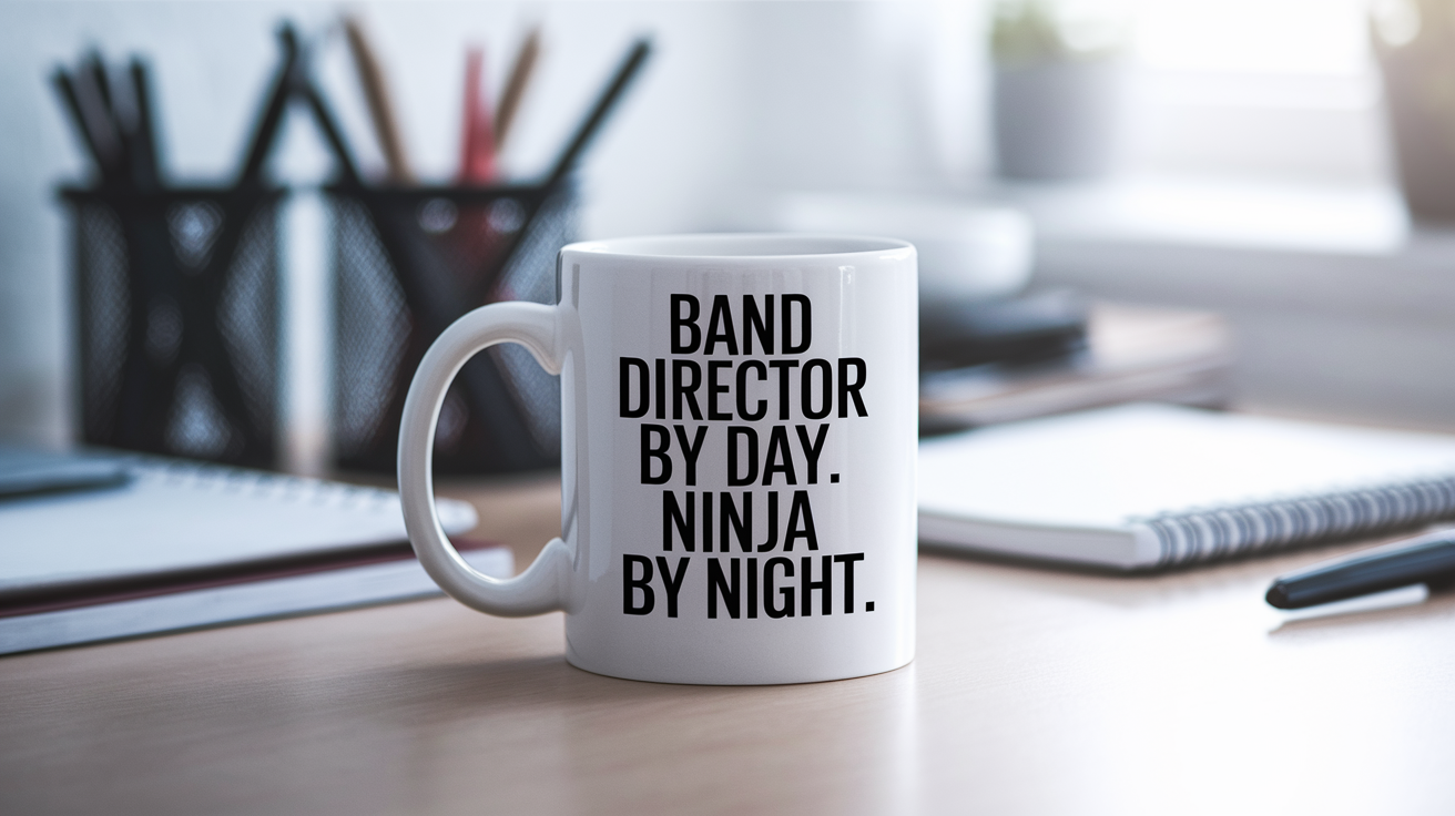 Band Director by Day Ninja by Night quote on coffee mug mockup for Amazon POD
