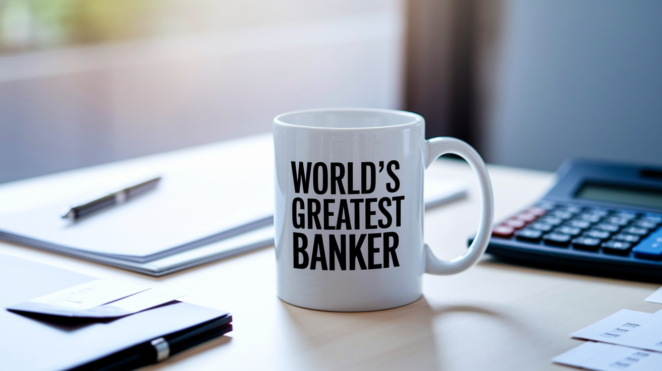World's Greatest Banker quote on coffee mug mockup for Amazon POD